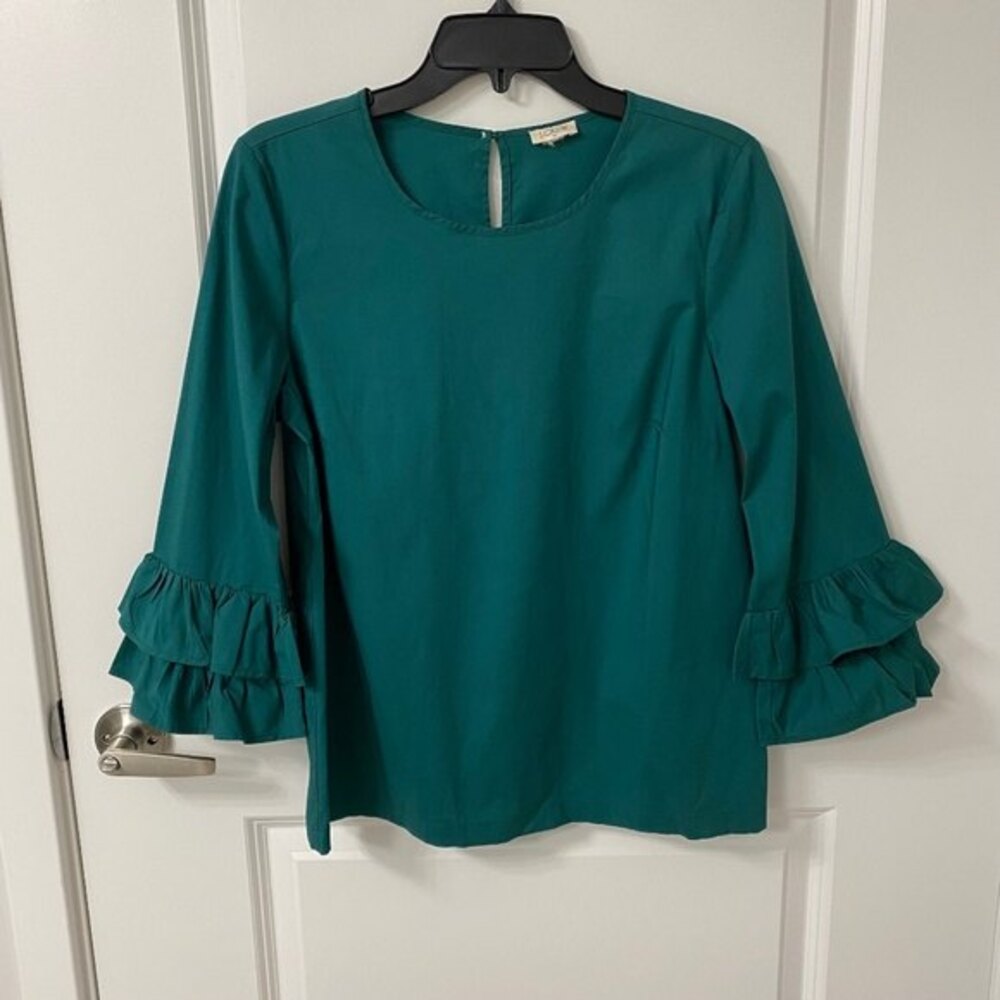 J Crew Women's Green Tiered Ruffle Sleeve Blouse Top Keyhole Back Size Large